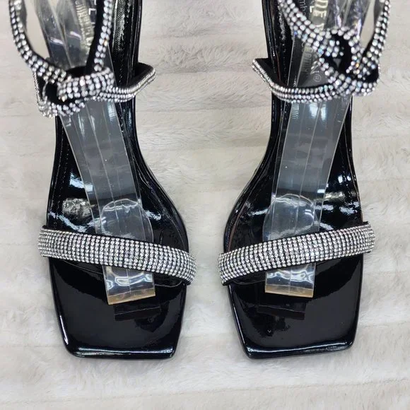 Lexton Black Patent Knotted Strap Rhinestone Stiletto High Heels Sandal … - Picture 5 of 9